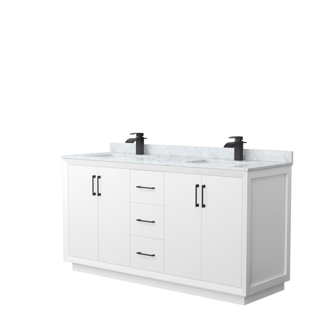 Strada 66 Inch Double Bathroom Vanity in White, White Carrara Marble Countertop, Undermount Square Sink, Matte Black Trim