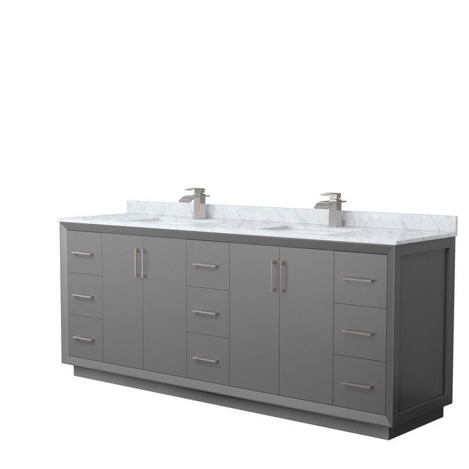 Strada 84 Inch Double Bathroom Vanity in Dark Gray, White Carrara Marble Countertop, Undermount Square Sink, Brushed Nickel Trim