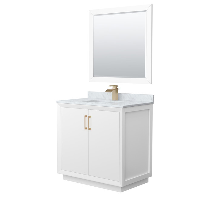 Strada 36 Inch Single Bathroom Vanity in White, White Carrara Marble Countertop, Undermount Square Sink, Satin Bronze Trim, 34 Inch Mirror