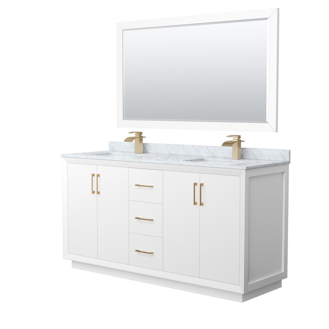 Strada 66 Inch Double Bathroom Vanity in White, White Carrara Marble Countertop, Undermount Square Sink, Satin Bronze Trim, 58 Inch Mirror