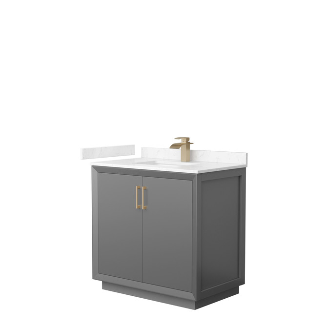 Strada 36 Inch Single Bathroom Vanity in Dark Gray, Carrara Cultured Marble Countertop, Undermount Square Sink, Satin Bronze Trim