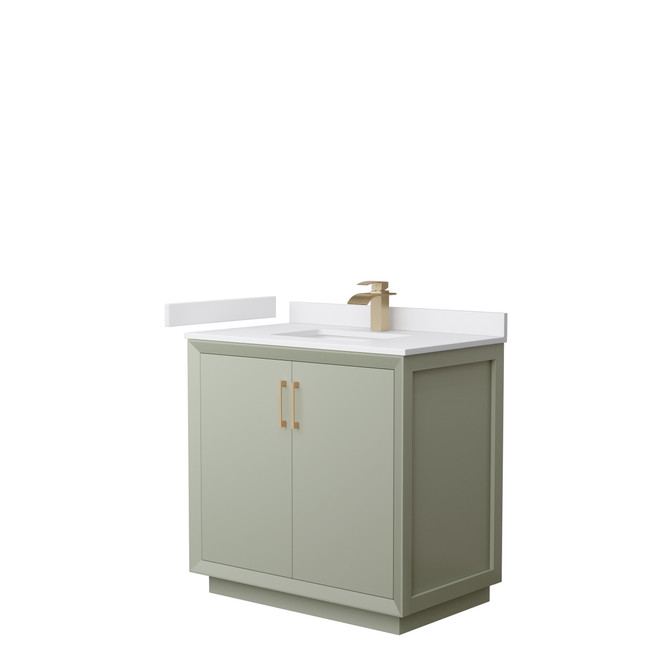 Strada 36 Inch Single Bathroom Vanity in Light Green, White Cultured Marble Countertop, Undermount Square Sink, Satin Bronze Trim