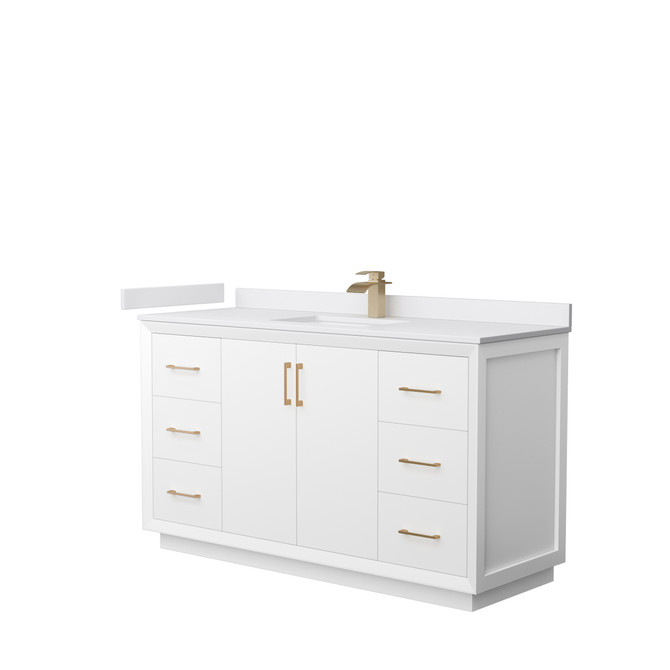 Strada 60 Inch Single Bathroom Vanity in White, White Cultured Marble Countertop, Undermount Square Sink, Satin Bronze Trim