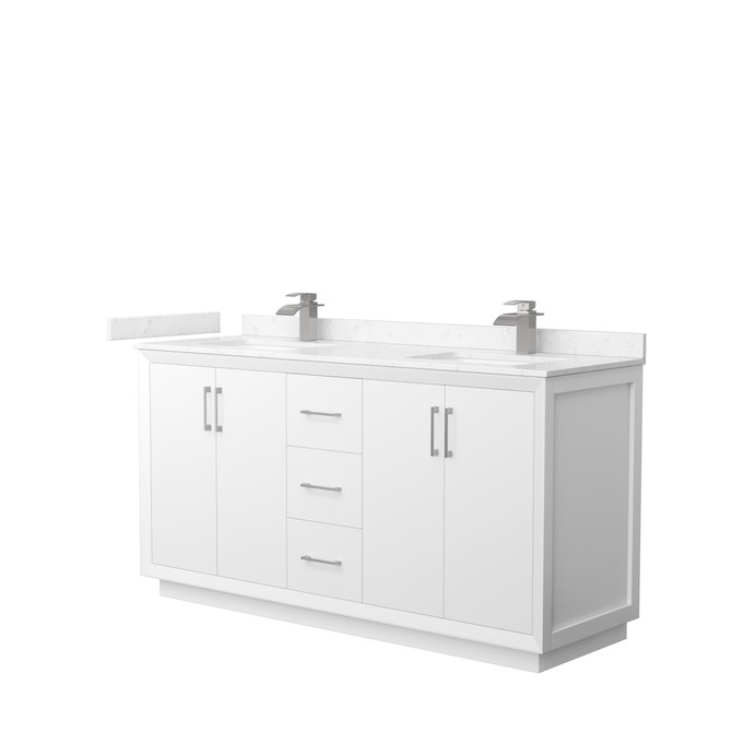 Strada 66 Inch Double Bathroom Vanity in White, Carrara Cultured Marble Countertop, Undermount Square Sink, Brushed Nickel Trim