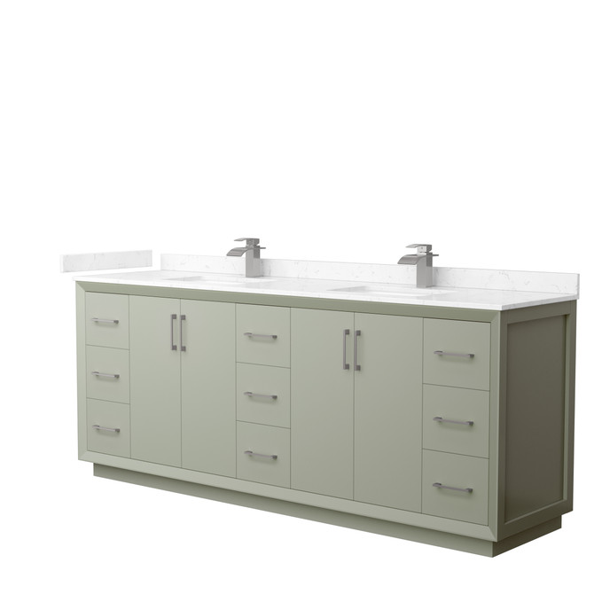 Strada 84 Inch Double Bathroom Vanity in Light Green, Carrara Cultured Marble Countertop, Undermount Square Sinks, Brushed Nickel Trim