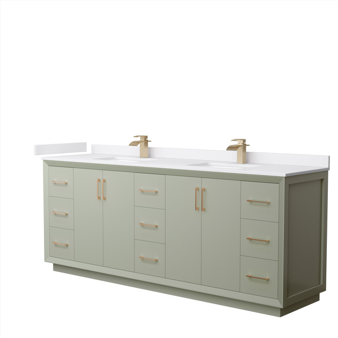 Strada 84 Inch Double Bathroom Vanity in Light Green, White Cultured Marble Countertop, Undermount Square Sinks, Satin Bronze Trim