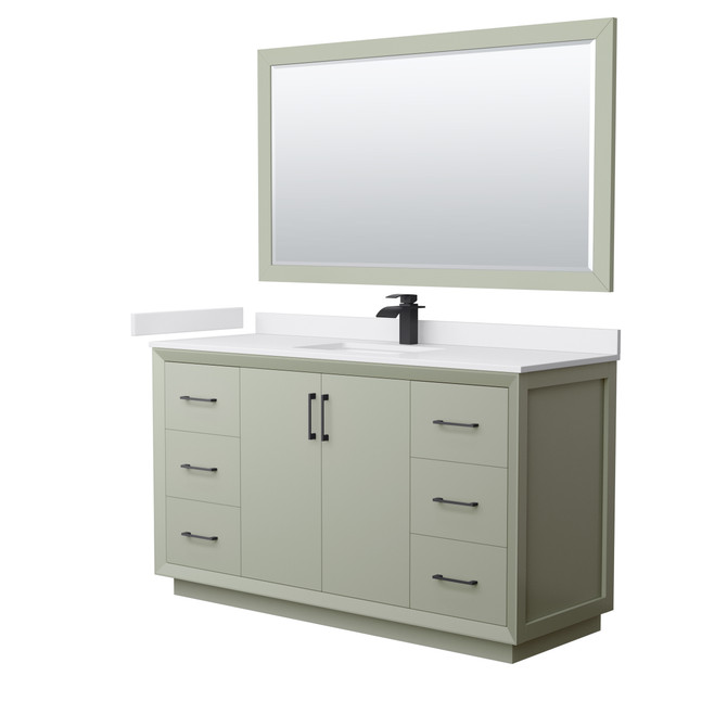 Strada 60 Inch Single Bathroom Vanity in Light Green, White Cultured Marble Countertop, Undermount Square Sink, Matte Black Trim, 58 Inch Mirror