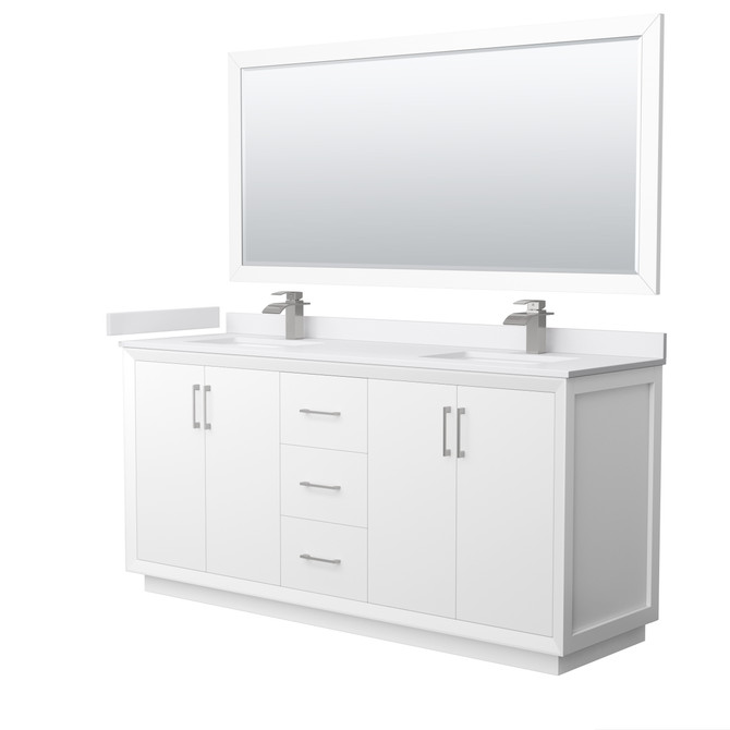 Strada 72 Inch Double Bathroom Vanity in White, White Cultured Marble Countertop, Undermount Square Sink, Brushed Nickel Trim, 70 Inch Mirror