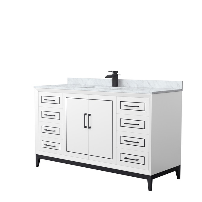 Marlena 60 Inch Single Bathroom Vanity in White, White Carrara Marble Countertop, Undermount Square Sink, Matte Black Trim