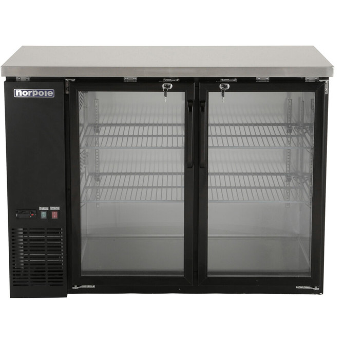 48" 2 Glass Door Back Bar Cooler, LED Lights, SS Top, Key Lock, 12 cuft