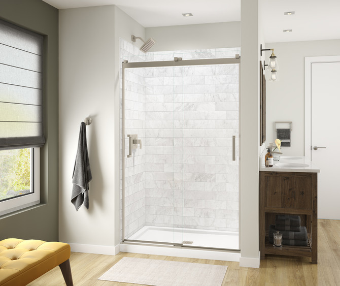 Revelation Square 44-47 x 70 ½-73 in. 6 mm Bypass Shower Door for Alcove Installation with Clear glass in Brushed Nickel