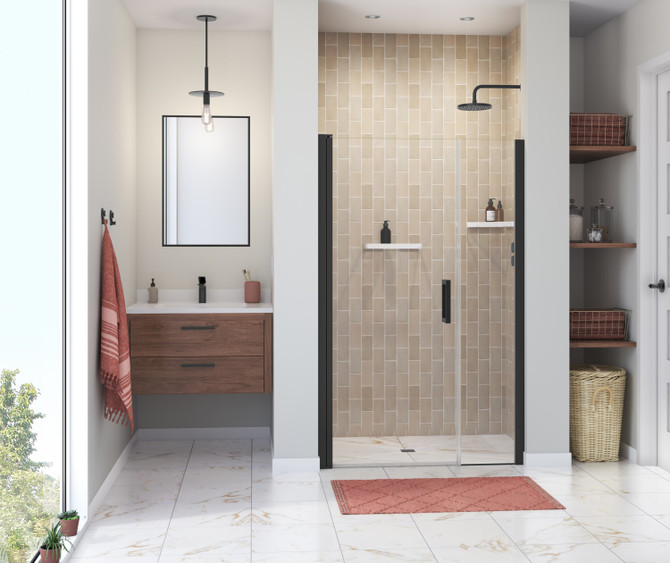 Manhattan 43-45 x 68 in. 6 mm Pivot Shower Door for Alcove Installation with Clear glass & Square Handle in Matte Black