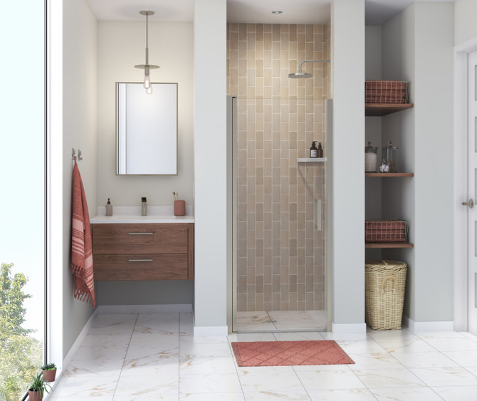 Manhattan 29-31 x 68 in. 6 mm Pivot Shower Door for Alcove Installation with Clear glass & Square Handle in Brushed Nickel