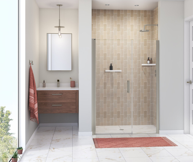 Manhattan 49-51 x 68 in. 6 mm Pivot Shower Door for Alcove Installation with Clear glass & Square Handle in Brushed Nickel