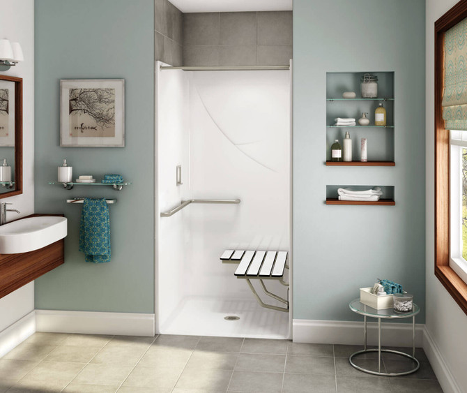 OPS-3636-RS - L-shaped Grab Bar and Seat AcrylX Alcove Center Drain One-Piece Shower in White