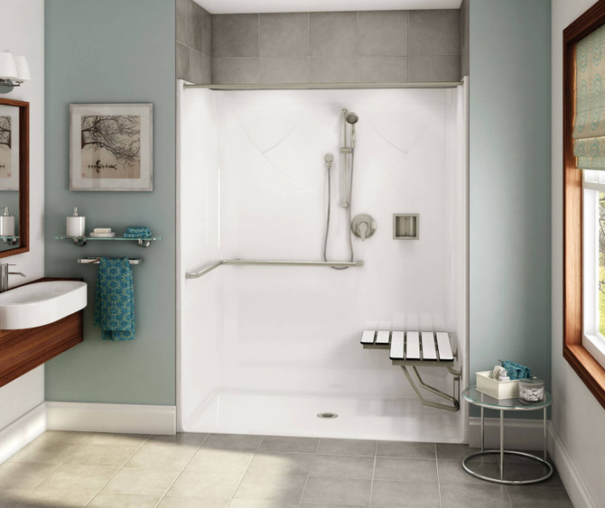 OPS-6030 ADA Compliant (with Seat) AcrylX Alcove Center Drain One-Piece Shower in White