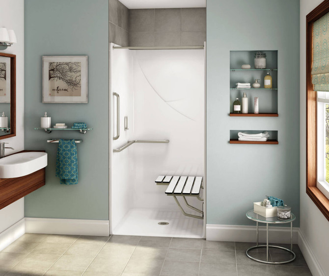 OPS-3636-RS - L-Shaped and Vertical Grab Bar and Seat AcrylX Alcove Center Drain One-Piece Shower in White