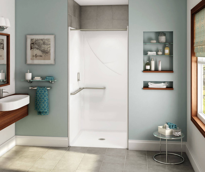 OPS-3636 - L-Shaped Grab Bar AcrylX Alcove Center Drain One-Piece Shower in White