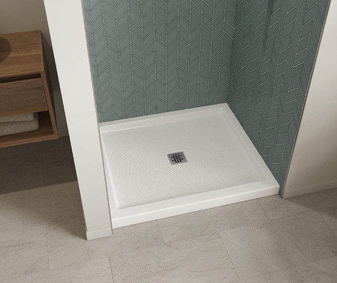 B3Square 4832 Acrylic Alcove Shower Base in White with Anti-slip Bottom with Center Drain