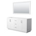 Miranda 66 Inch Double Bathroom Vanity in White, No Countertop, No Sink, Brushed Nickel Trim, 58 Inch Mirror