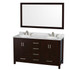 Sheffield 60 Inch Double Bathroom Vanity in Espresso, White Carrara Marble Countertop, Undermount Oval Sinks, and 58 Inch Mirror