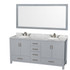 Sheffield 72 Inch Double Bathroom Vanity in Gray, White Carrara Marble Countertop, Undermount Oval Sinks, and 70 Inch Mirror