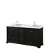 Deborah 72 Inch Double Bathroom Vanity in Dark Espresso, White Carrara Marble Countertop, Undermount Square Sinks, and No Mirrors