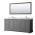 Avery 80 Inch Double Bathroom Vanity in Dark Gray, White Carrara Marble Countertop, Undermount Square Sinks, and 70 Inch Mirror