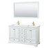 Deborah 60 Inch Double Bathroom Vanity in White, White Cultured Marble Countertop, Undermount Square Sinks, Brushed Gold Trim, 58 Inch Mirror