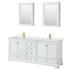 Deborah 80 Inch Double Bathroom Vanity in White, Carrara Cultured Marble Countertop, Undermount Square Sinks, Brushed Gold Trim, Medicine Cabinets