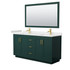 Miranda 66 Inch Double Bathroom Vanity in Green, Carrara Cultured Marble Countertop, Undermount Square Sinks, Brushed Gold Trim, 58 Inch Mirror