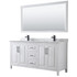 Daria 72 Inch Double Bathroom Vanity in White, White Carrara Marble Countertop, Undermount Square Sinks, Matte Black Trim, 70 Inch Mirror