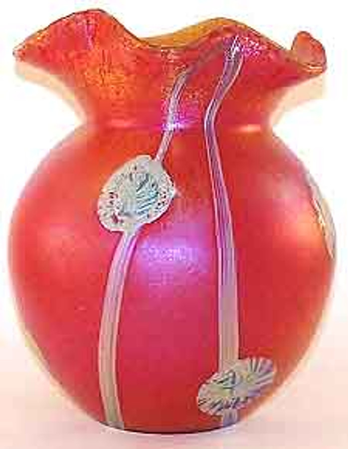Tiffany Style Art Glass Vase "Poppies" Red