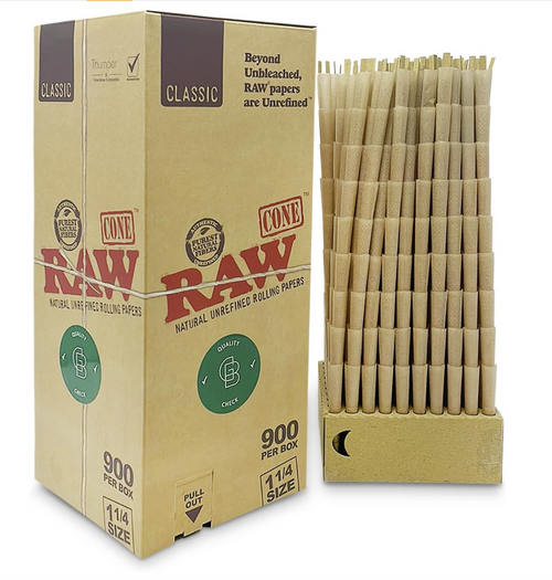 RAW Cone Rolling Papers - Pre- Rolled 1 1/4 Size Cones - Box of 900