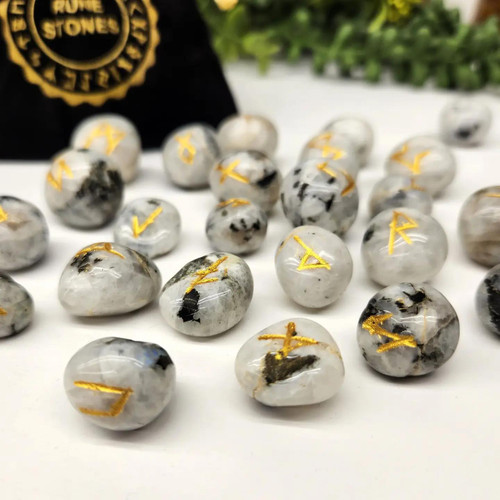 Rainbow Moonstone Gemstone Rune Sets with Velvet Pouch