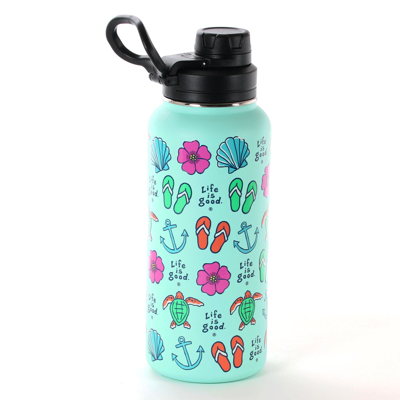 Life Is Good Stainless Steel Water Bottle 32 Oz Wide Mouth Stickers Flowers  New