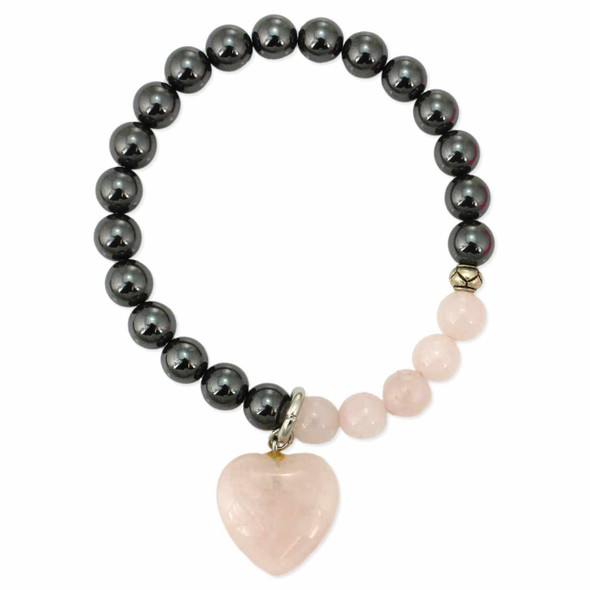 Rose Quartz Heart Hematite Bead Stretch Bracelet