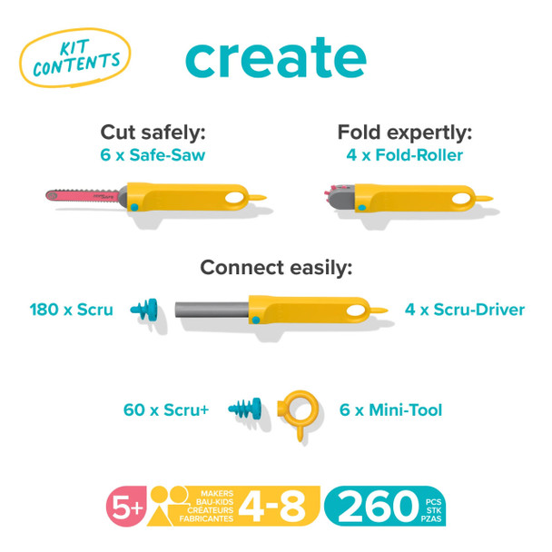 Makedo Create Cardboard Construction Kit Includes 180 Scrus, 60 Scru+, 4 Scru-Drivers, 6 Safe-Saws, 6 Mini-Tools, and 4 Fold-Rollers