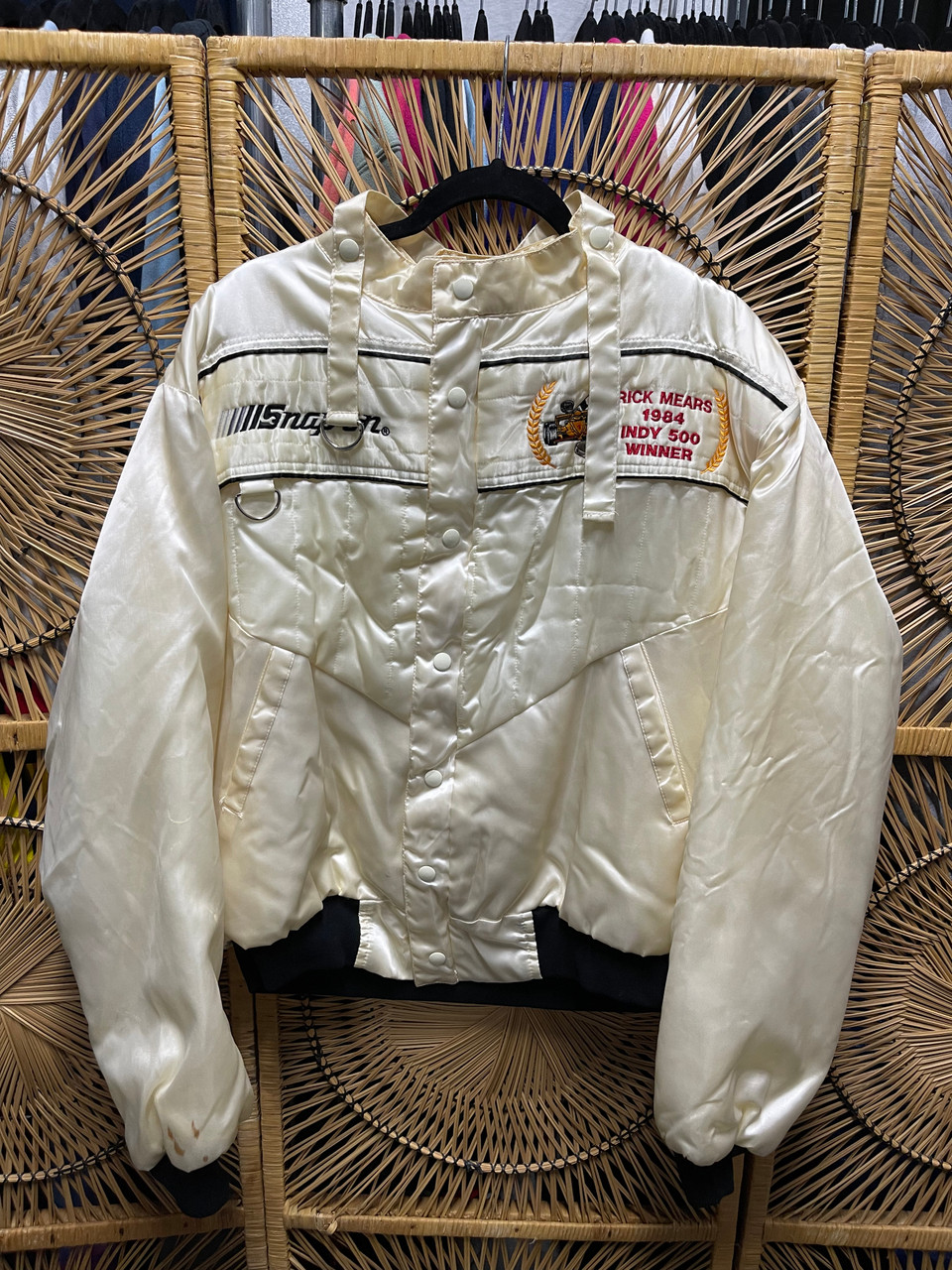 Vintage 80s 1984 Indy 500 Rick Mears Snap On Racing Cream Satin