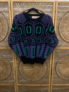 Vintage 80s Lindsay Black Geometric Knit Sweater Women's Size Small Vintage 80s Lindsay Black Geometric Knit Sweater Women's Size Small