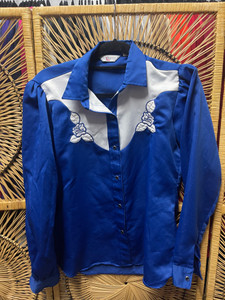 Vtg KARMAN Western Blue Pearl Snap Button Down T-Shirt Size 36 13/14 Vtg KARMAN Western Blue Pearl Snap Button Down T-Shirt Size 36 13/14