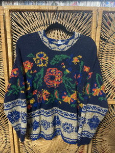 Vtg 80s Oilily Navy Blue Floral Knit Sweater Size Large Vtg 80s Oilily Navy Blue Floral Knit Sweater Size Large