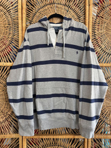 Vtg Polo Ralph Lauren Grey & Navy Striped Hooded Henley Size 2XL Tall XXLT Vtg Polo Ralph Lauren Grey & Navy Striped Hooded Henley Size 2XL Tall XXLT
