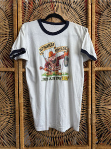 Vtg "Old Hunters Never Die" Ringer Tee White/Navy Blue Shirt Size Large Vtg "Old Hunters Never Die" Ringer Tee White/Navy Blue Shirt Size Large