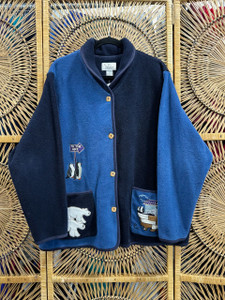 Vtg 90s CJ Banks Winter Polar Bear Blue Colorblock Fleece Button Up Size XL Vtg 90s CJ Banks Winter Polar Bear Blue Colorblock Fleece Button Up Size XL