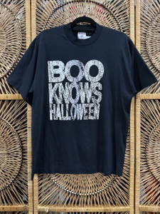 Vtg 90s BOO Knows Halloween Black Faded Parody T-Shirt Size XL Vtg 90s BOO Knows Halloween Black Faded Parody T-Shirt Size XL