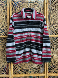 Vtg Y2K Red, Grey & Black Striped Button Up Fleece Size Medium Vtg Y2K Red, Grey & Black Striped Button Up Fleece Size Medium