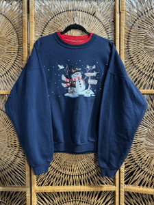 Vintage 90s Snowman with Birds "Holiday Tweets" Navy Blue Double Crewneck Sweatshirt Size XL