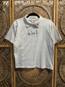 Vintage 90s Y2K Siamese Cats Beige Collared T-Shirt Size Medium