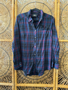 Y2K HD Harley Davidson Flock Design Blue Red Plaid Flannel Button Up Women's Large
